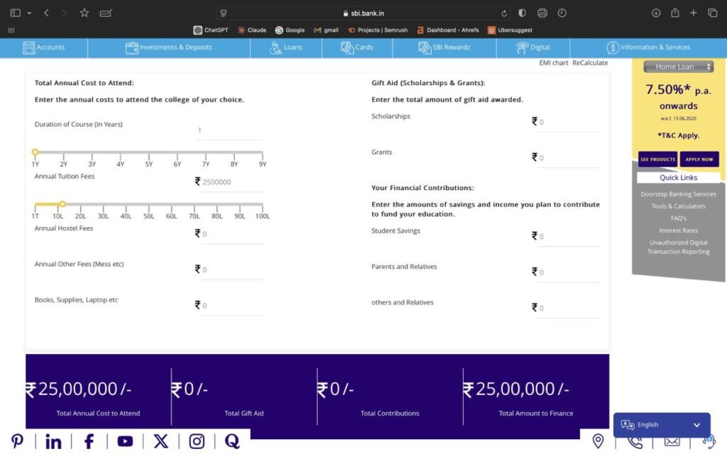 SBI EMI Calculator for Education Loan
